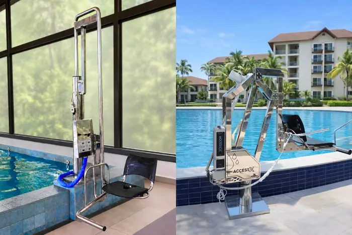 Elevadores para piscina Access Pool e Access X instalados em piscinas de borda elevada
